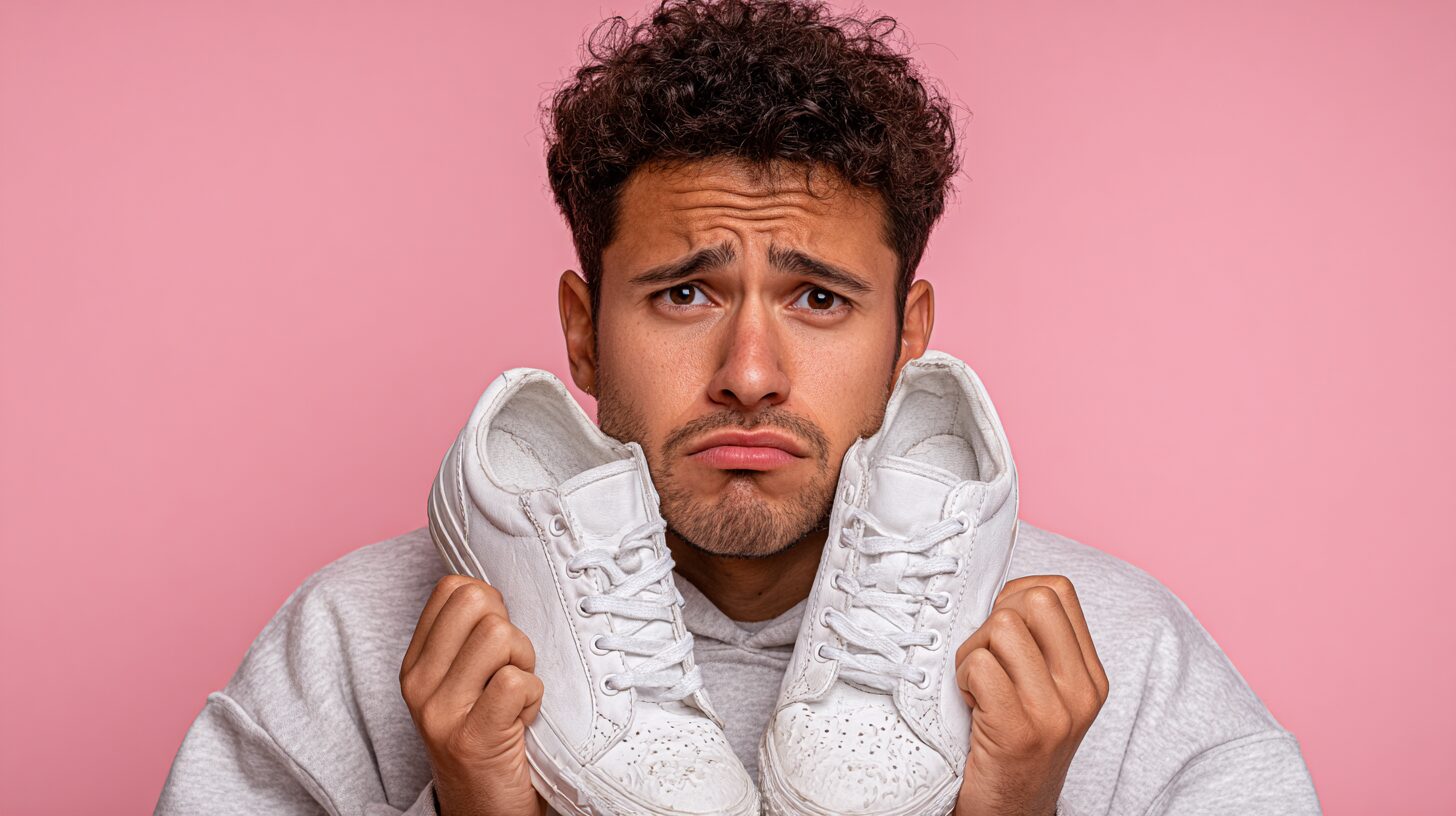 スニーカーで悩む男性のサムネ