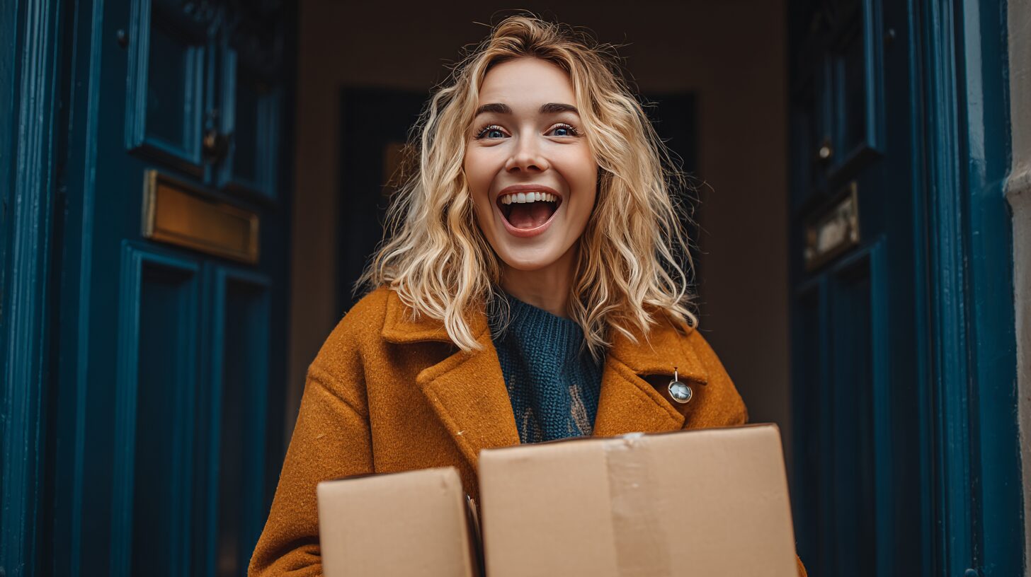 荷物が早く届いて嬉しい女性の画像